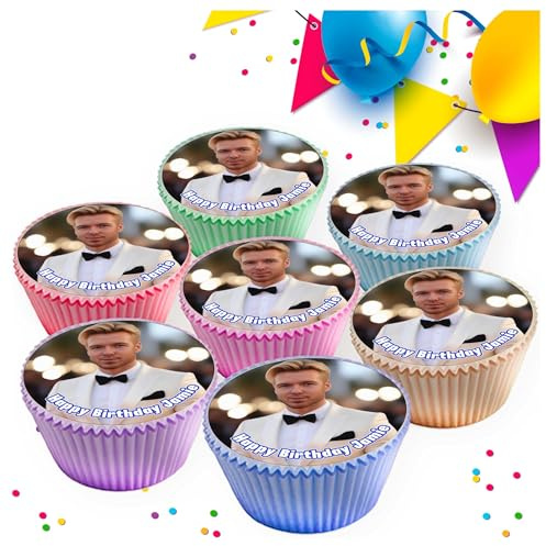 12x YOUR OWN PHOTO OR LOGO PERSONALISED EDIBLE ICING 6.5 cms CUPCAKE TOPPERS DECORATIONS