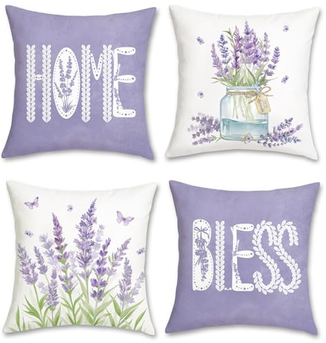 Bonhause Fundas Cojines Lavanda 45 x 45 cm Funda de Almohada Morado Lila Flores Cojines Decorativos para Sofá Cama Hogar Jardín Patio Juego de 4