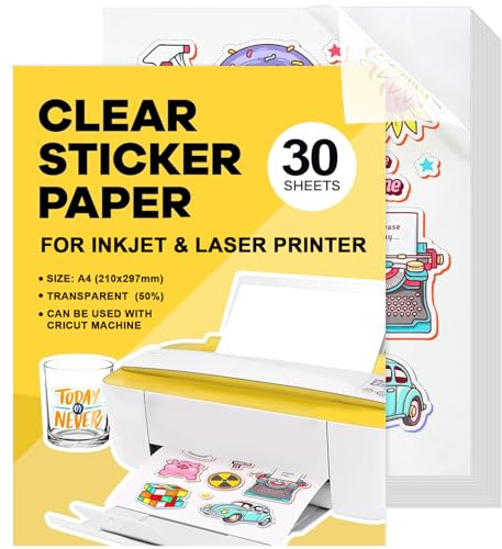 Papier Autocollant Feuilles 30Pcs A4 Autocollant Jet D'encre Transparent Papier Autocollant imperméable En Vinyle Imprimable Pour Imprimante à Jet D'encre Laser 21 x 29,7 cm (Translucide-imperméable)