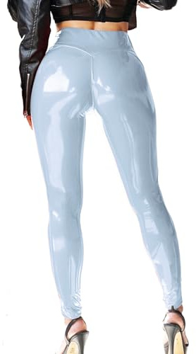 Mstaad Lack-leggings av konstläder för kvinnor, hög midja, rumpa, lyft, lack, konstläder, latex, glänsande byxor, konsertkläder, Ballad blå, L