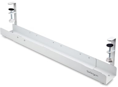 StarTech.com Under Desk Cable Management Tray, Length Adjustable, Clamp-On Installation, No Drilling Required, White