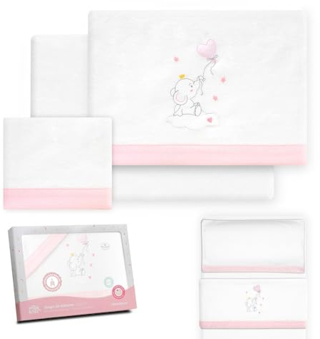 Interbaby - Bettwäsche-Set für Kinderbett, 50 x 80 cm, 100% Baumwolle, warm, Flanell, inkl. Spannbettlaken, Bettbezug und Kissenbezug, ideal für den Winter, Elefantenballon-Herz, Weiß/Rosa