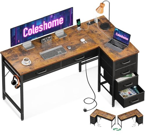 Coleshome Corner Desk with Drawers, 126×80 cm L Shaped Computer Desk with Power Outlet, Reversible Study Office Table with Storage for Home Office and Bedroom, Brown