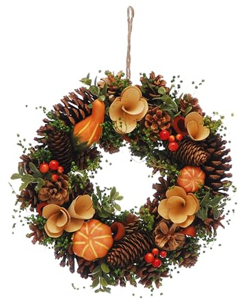 Festive Productions Autumn Wreath with Pumpkins, Cream Flowers and Pinecones 30cm - Autumn Wreath Decoration Pumpkins Themed Autumnal Décor Hanging - Perfect for Home, Windows, Living Room, Front Door
