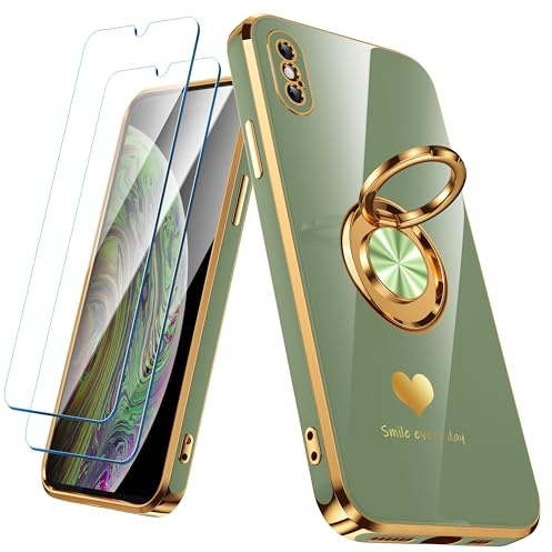 Nonional Compatible for iPhone X/XS Case with 2 Pack Screen Protector, 360° Rotatable Ring Holder [Luxury Hearts Pattern] Plating Gold Edge Slim Soft Phone Case for iPhone X/XS - Light Green