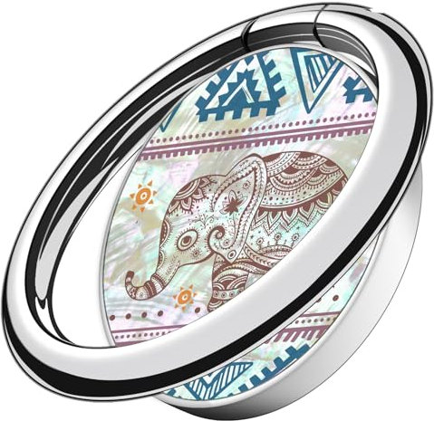 Carveit Natural Shells Cell Phone Ring Holder Metal Phone Kickstand Grip for iPhone 16 Pro Max/15/14 & Galaxy S23/S24/S25 Ultra & Pixel 7/8/9 -Silver-Lotus Elephant