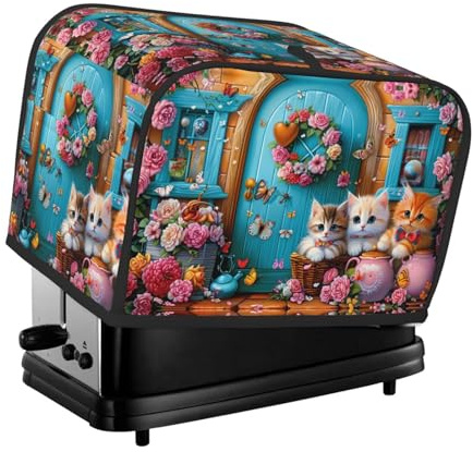 Copertura per tostapane a 2 fette, scena stravagante con gatti e fiori, con tasche per piccoli elettrodomestici da cucina, copertura per piccoli elettrodomestici e protezione dalle impronte digitali