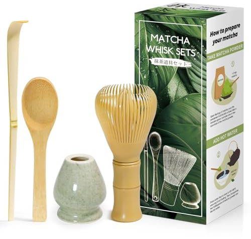 4 Pièces Matcha kit ceremonie japonais, Jaune Fouet en Résine Chasen, Cuillère en bambou, pelle en bambou, Porte-Fouet, Coffret matcha pour la cérémonie du thé, la boisson - Matcha vert