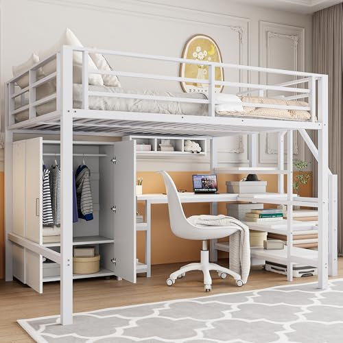 Easexcy Hochbett, 140x200cm, Kleiderschrank, Regale, Ablageleiter, Schreibtisch, ohne Matratze, Geeignet für Kinder und Jugendliche (Weiß)