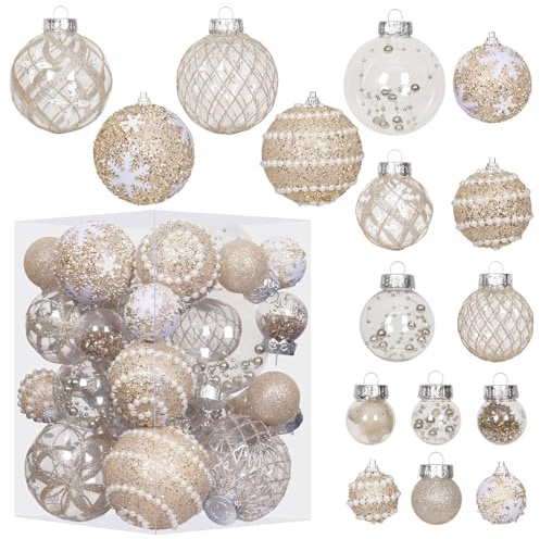 Super Holiday Christmas Ball Ornaments, 33PCS Champagne Clear Shatterproof Plastic Foam Ornaments Set for Hanging Xmas Tree Holiday Thanksgiving Party Decor.