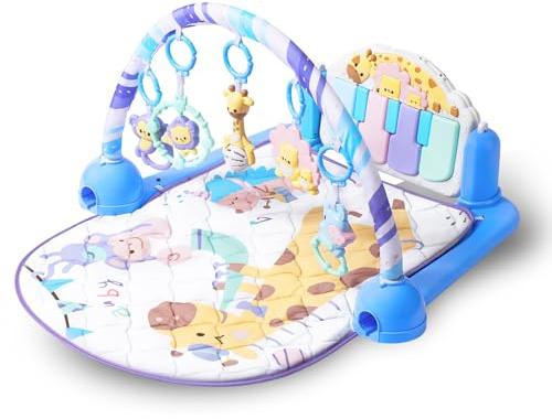 auby Adventure Band Baby Spieldecke mit Spielbogen - 5 Hängespielzeuge & Fußklavier, 3-Stufen-Aktivitätsgym für Neugeborene bis Kleinkind (0-36M), Stabiles Rahmen, Thai Latex-Matte, 2 Musikmodi