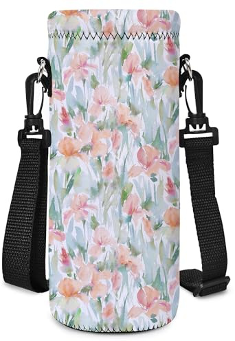 Mibbxea 500 ml vattenflaska bärväska, axelväska för flaskor, neopren flaskkylare med bärrem för män kvinnor, resor, cykling, vandring, gym, löpning, camping (akvarellblommor)