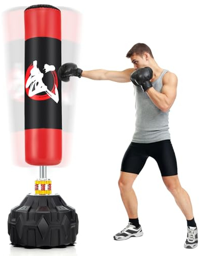 COSTWAY Sac de Frappe Autoportant 178 cm, Base Remplissable et 12 Ventouses | Sac de Boxe avec Amortisseurs pour Adultes et Jeunes, Musculation, Kickboxing et Entraînement de Boxe MMA