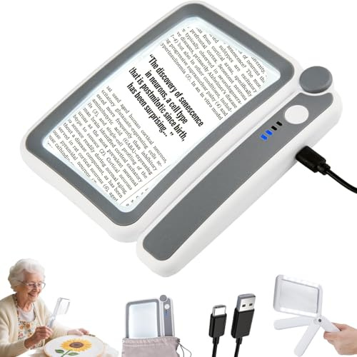 Magnifying Glass with Light for Book Reading - Rechargeable 3.5X Rectangle Large Portable LED Full-Page, Dimmable Magnifier with Folding Handheld Design for Seniors & Low Vision