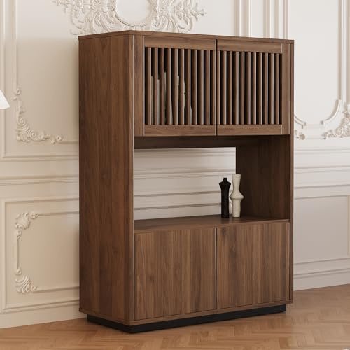 EOBfurniture Küchenschrank mit Lamellentüren, Großzügige Holz-Sideboard mit Vintage-Design, Vielseitig für Küche & Esszimmer, 85x120x40 cm,Nussbaum