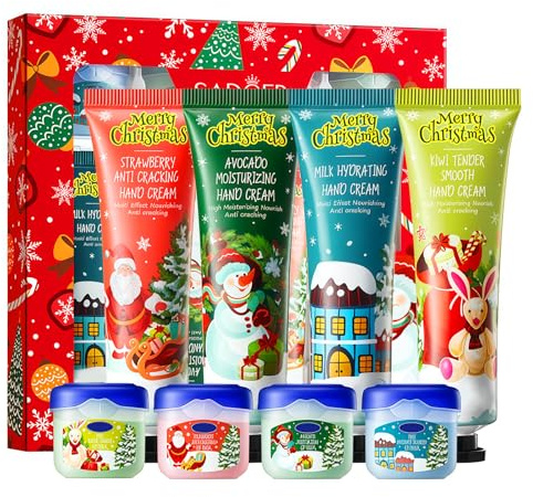 HOUSN Crema de Manos y Bálsamo Labial, Set Crema de Manos Navidad Hidratante para Navidad para Colegas, Madre y Esposa, en Calcetines Navideños, Hidratación para Manos y Labios