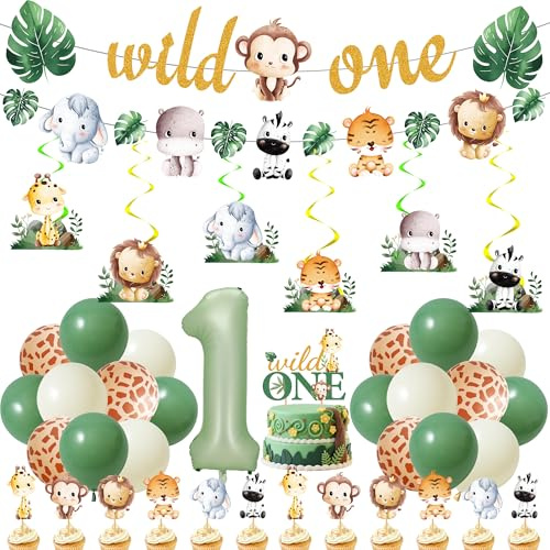 Wild One Birthday Decorations Boys - 42 Pcs 1st Birthday Decorations Banner Foil Latex Number 1 Balloons Garland Swirls Cake Cupcake Toppers Table Decor For Jungle Theme First Safari Party Supplies