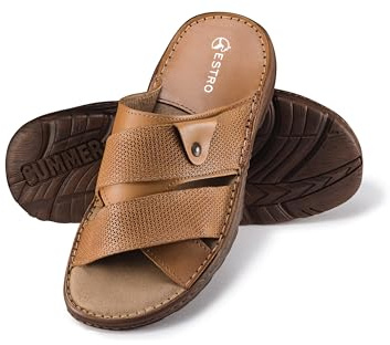 ESTRO Sandalias Hombre Verano Cuero - Sandalias Hombre Cuero Chanclas Hombres Piel con Suela Goma Antideslizante S5 (43 EU, Beige)