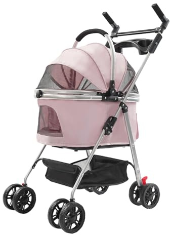 WooDerson Husdjursbarnvagn vikbar husdjurskorg upp till 12 kg, multifunktionell djurvagn för katt och hund med vändbart handtag och förvaringskorg, kattvagn för små hundar katter (Sakura Rosa)