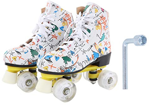 ANKROYU Zweireihige Rollschuhe mit 4 Rädern, weiße Graffiti-Skating-Schuhe, robust, langlebig, bequem, für Erwachsene, drinnen und draußen, Größe 38