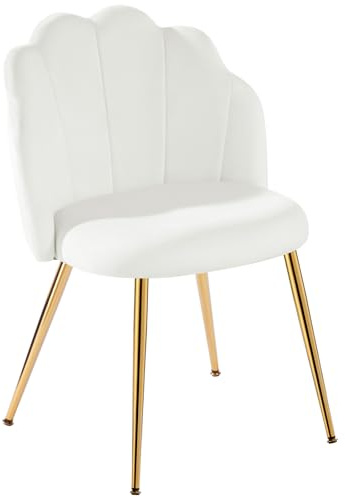 Eufurnibi Schminkstuhl Weiß mit Goldenen Metallbeinen – Muschel Design | Polsterstuhl Samt | Armloser Schminktisch Stuhl für Schlafzimmer & Wohnzimmer