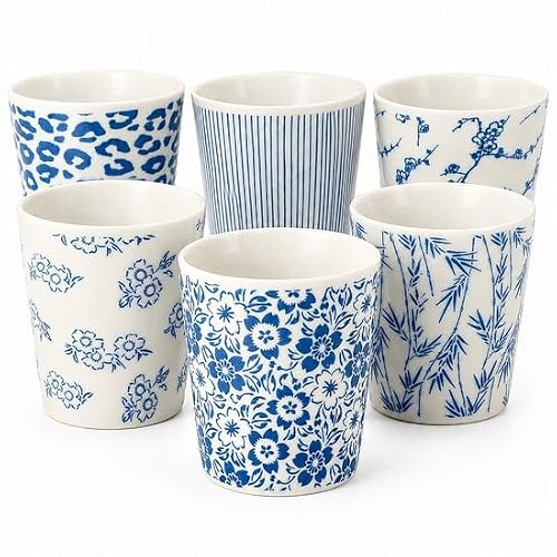 Tasse à café en céramique sans oreille Lot de 6 - Tasses à café en céramique 200 ml - Bleu et blanc empilable - Tasses à café pour expresso, lungo, cappuccino, café et thé