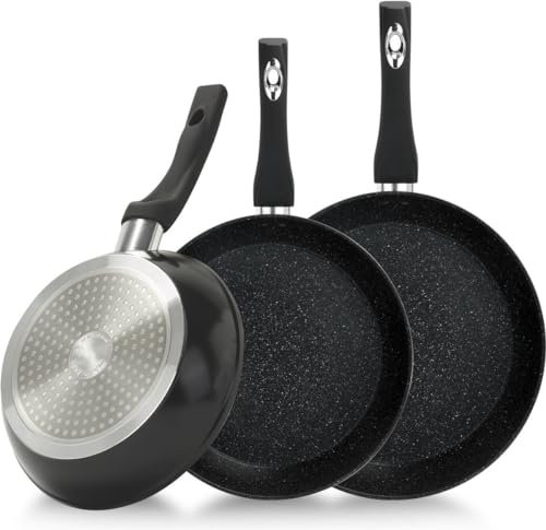 Royalty line Lot de 3 Poêles en Fonte d’Aluminium Premium, sans PFOA, Tous Feux Compatible Cuisson, Cuire sans Huile ni Graisse ⌀ 20, 24 et 28 cm (Noir)