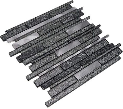 Mosaik Fliese Transluzent Aluminium schwarz Verbund Glasmosaik Crystal Stein Alu schwarz für WAND KÜCHE, Mattengröße: 298x310 = 0,09 qm, Steingröße: 23x98+15x148+8x148/298+15x298x8 mm - 1 Matte
