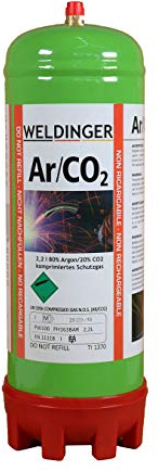 110 bar Einwegflasche 2 Liter Mischgas 80% Argon 20% CO2 (220 Liter Schweißgas für MAG-Schweißen)