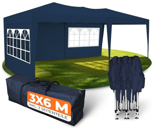 Kronenburg Faltpavillon wasserdicht Pavillon mit 3 Seitenteilen, Gartenzelt, 3x6 m - mit UV Schutz 50+, Blau