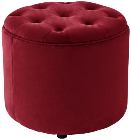 CLP Sitzhocker rund mit Stauraum Pantin, Fußhocker gepolstert mit Samtbezug, Hocker im Chesterfield Design für Wohnzimmer und Schlafzimmer Farbe rot