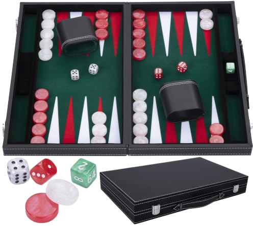 Engelhart - 250511 - Großes Luxus Backgammon 18 Zoll - Rot - 45 cm - Kunstleder - Filzeinlage - Perlmutt-Würfel & Spielsteine + 2 Becher - Strategiespiel - Profi & Freizeit
