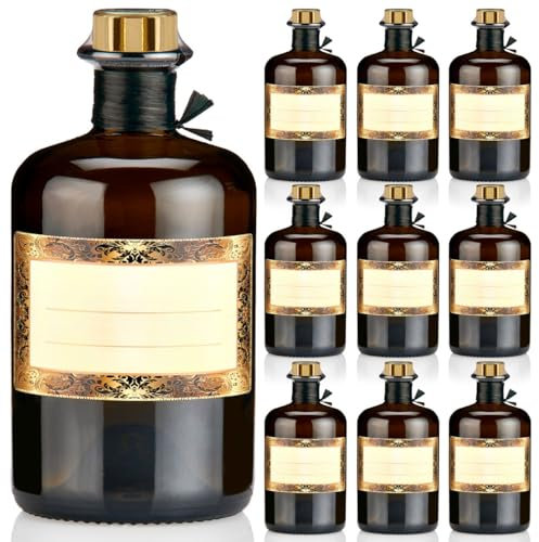 9x Apothekerflaschen braun 500ml Geschenkset mit Korken gold, Band, Kapseln & Etiketten Motiv Orient, 0,5L Glasflaschen schwarz antik leer, Braunglas Flaschen für Öl, Gin uvm.