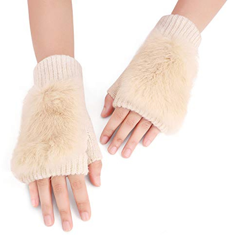 TINAYAUE Gants Hiver Demi-Doigts en Fausse Fourrure de Lapin pour Femme - Mitaines Chaudes en Peluche, Tricotés, Epais sans Doigts - Moufle de Ski pour Etudiant Adulte