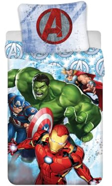 Jerry Fabrics Marvel Avengers Juego de edredón y almohada individual | Juegos de cama para niñas | Con Hulk y Iron Man Captain America Thor 100% algodón