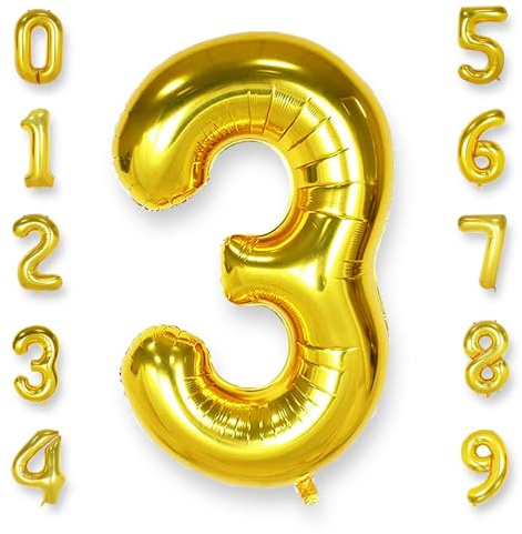 AULE Luftballon Zahl 3 Gold 40 Zoll Folienballon Helium 0-60 Helium | XXL 101 cm Gold Luftballon Zahlen Groß Zahlenballon für Geburtstag Abschluss Jubiläum Dekoration