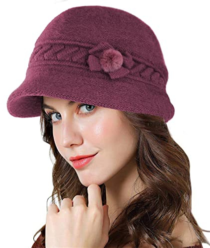 Adigaber Brim Cap Angoramütze Damen mit Fleece gefüttert Thermal Wintermütze Gestrickte Baskenmütze Häkelmode Strickmütze mit Schirm