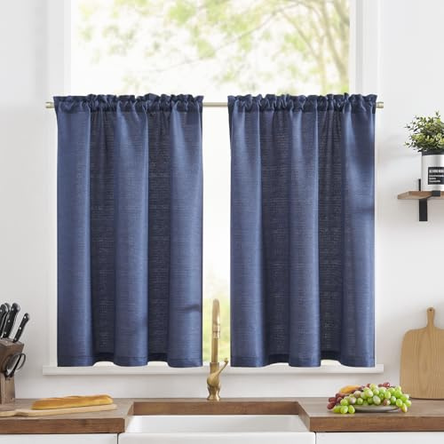 TOPICK Scheibengardine Leinenoptik Bistrogardine 2er Set 115Hx90B cm Uni Kurzer Küche Vorhänge Gewebe Gitter Lichtdurchlässig Paarig Schals für Wohnzimmer Landhaus Kleine Fenster Blau