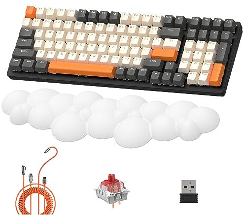 LexonElec K6 Teclado Mecánico Inalámbrico con Reposamuñecas Nube Blanca, 100 Teclas, 96% Layout, 4000mAh, Cableado/2.4Ghz/BT 5.0, RGB Backlit, Cable en Espiral para Juegos - Twilight Red Switch