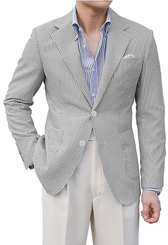 Leisure Seersucker Men Summer Suits Jacket Blue Formal Regular Fit Blazer Breathable Outfit