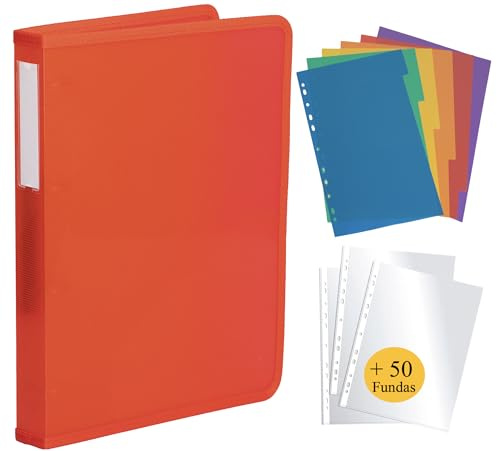 Raccoglitore 4 anelli in plastica include 50 buste in plastica a4 e 6 separatori. Raccoglitore leggero e resistente. Raccoglitore con coperchio semirigido. Cartella per buste e fogli. (Rosso)