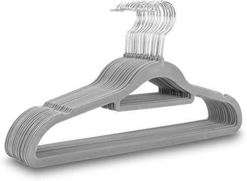 UTTAM Samt-Kleiderbügel 50er-Pack - Dünne, rutschfeste Kleiderbügel mit Krawattenstange und 360-Grad-Haken für die Heimaufbewahrung (Grey)
