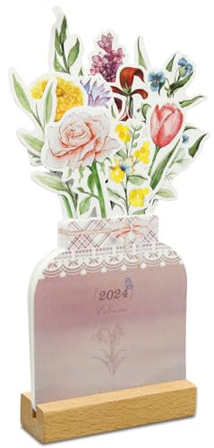 Blumenkalender 2024, kreativer Blumen-Tischkalender, blühender Blumen-Tischkalender, Vasenform, Neujahr 2024, Monatskalender, Planer mit Holzsockel, Büro-Desktop-Dekoration (5,2 x 8,9 Zoll)