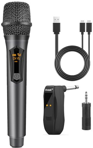 Aveek Funk Mikrofon, Wiederaufladbares Drahtloses Mikrofon mit Empfänger 2,4 GHz Wireless Microphone Dynamisches Funkmikrofon für Karaoke-Gesang, Sprache, Hochzeit, Kirche, Grau, 1 Stück