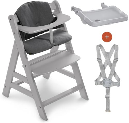 hauck Hochstuhl Alpha+ mit Essbrett Alpha Tray und Sitzpolster - Mitwachsender Babystuhl aus Holz, Kinderhochstuhl ab 6 Monate, verstellbar - Grau