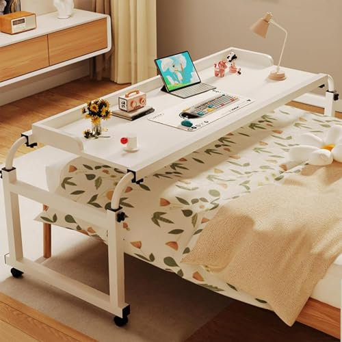 Betttisch Mit Rollen, Overbed Table, Über-Betttisch Auf Rollen Höhenverstellbar 65-95cm / Breitenverstellbar 115-210cm, Mobiler Schreibtisch Laptop Ständer Tisch Für Krankenbett Büro Schla(Color:Weiß)