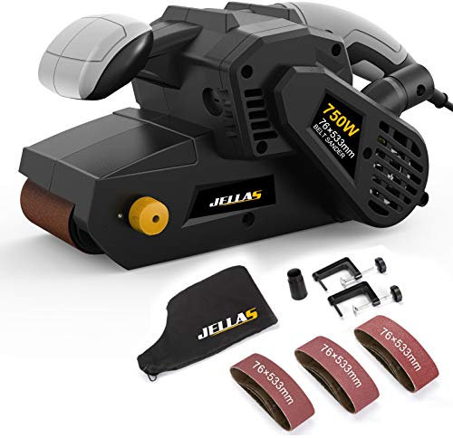 Jellas Belt Sander, 750W Electric Sander, with 10Pcs Sanding Belts and Dust Bag, Bench Sander with Variable-Speed Control, 2 in 1 Vacuum Adapter, 10 Feet (3 Meters) Length Power Cord
