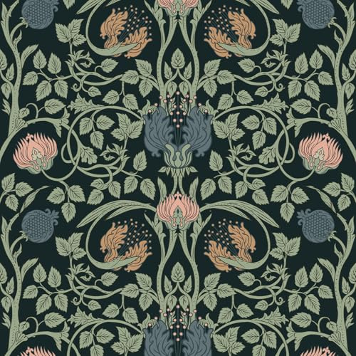 VEELIKE Carta Da Parati Retro Floreale Scura Preincollata Vintage Nera Autoadesiva Rimovibile William Morris Art Nouveau Per Camera Da Letto Bagno Soggiorno 45 X 900 Cm