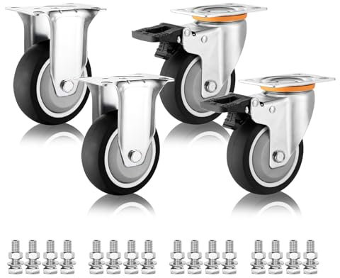 Schwerlast Möbelrolle Ersatz Plattenrollen Ø 75mm 100mm 125mm 4 Stück, Tragfähigkeit 83KG Industrie Transport Lenkrollen, Keine Spuren & Leise Thermoplastische Gummirollen Mit Bremse(Fixed+Brake,125mm