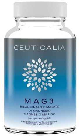 Complément Alimentaire Magnésium Mag 3 - Magniesium Bisglycinate, Malate, Marin Hautement Dosé et Vitamine B6 - Stress, Fatigue, Détente Musculaire - 90 Gélules, 45 Jours